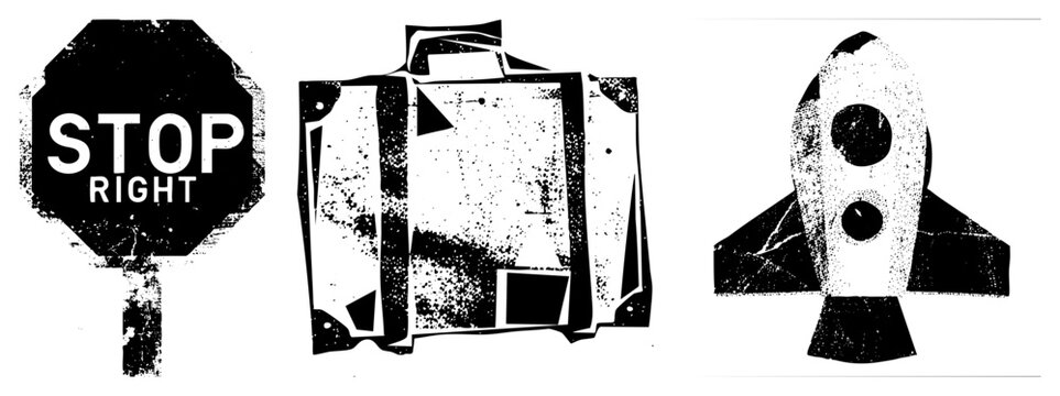 Rugged stop sign, travel bag, in gritty stencil art skid lid for safety, brain bucket for bold design, suitcase as carry on, as space blaster. Ideal for edgy branding or vintage poster