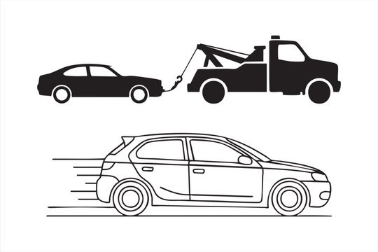 Tow truck pulling a sedan silhouette and a dynamic outline drawing of a fast moving car illustration.