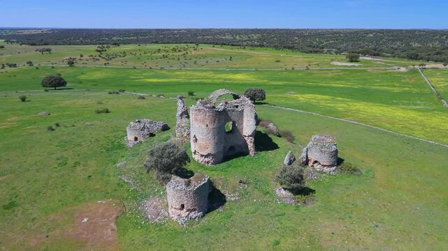 Aerial view from a drone of Asmesnal Castle in Alfaraz de Sayago, in the Sayago region of the province of Zamora, Castile and Le&oacute;n, Spain, Europe
