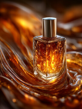 Elegancki flakon perfum na tle płynnego, bursztynowego złota. Luksusowa kompozycja pełna blasku i ciepłych refleks&oacute;w, podkreślająca prestiżowy charakter produktu.