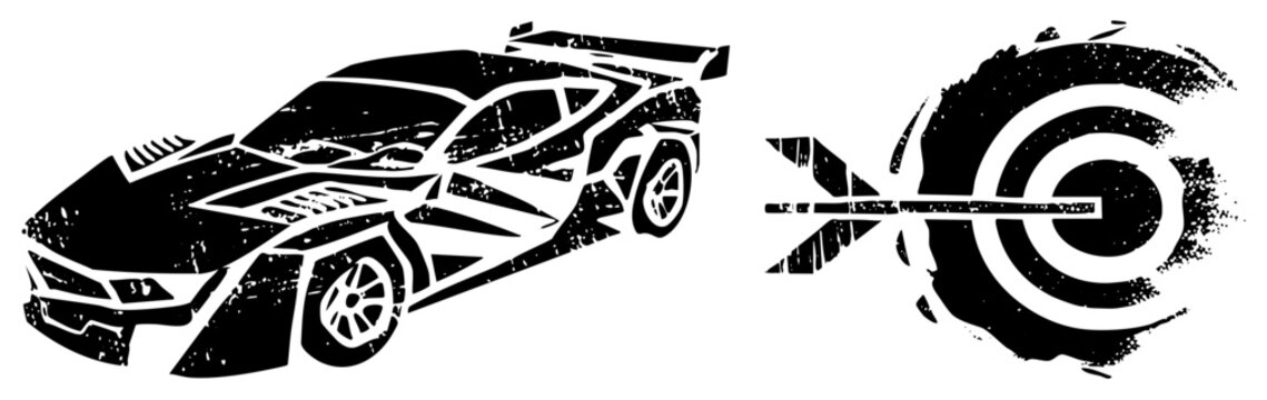 High octane race car zooming past a bullseye, skid lid on wheels, street rendered in gritty stencil art. Perfect for edgy branding or decal designs with raw energy and precision focus.