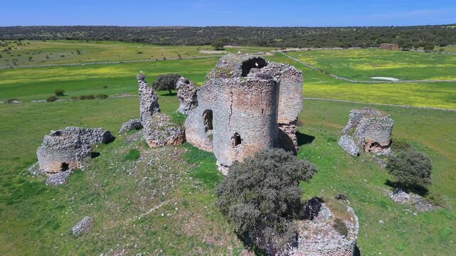 Aerial view from a drone of Asmesnal Castle in Alfaraz de Sayago, in the Sayago region of the province of Zamora, Castile and Le&oacute;n, Spain, Europe