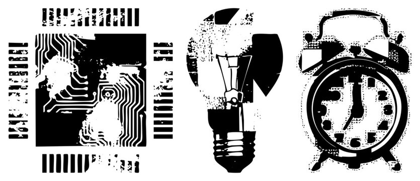 Raw digital concept in gritty halftone style brain bucket for innovation, skid lid for ideas, tick tock machine for. Perfect for edgy branding or poster art with a retro tech vibe.