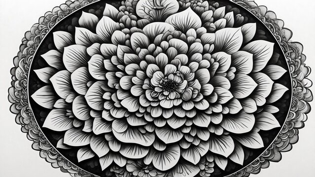 Intricate monochrome floral mandala illustration, a mesmerizing pattern of layered petals radiating outwards, creating a sense of depth and symmetry.
