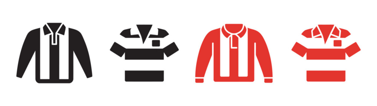 Rugby Shirt Icon Set, striped black and red jerseys vector illustration for sports team spirit apparel branding and athletic design concept