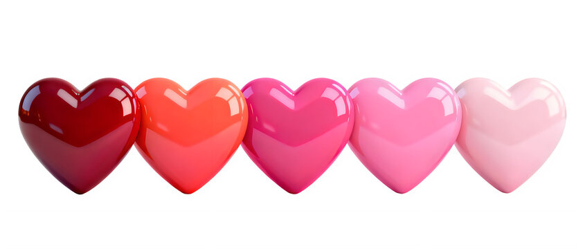 Glossy 3D hearts in pink and red gradient, row of five shiny heart shapes, romantic decorative elements for Valentine's Day and wedding design isolated on White Background