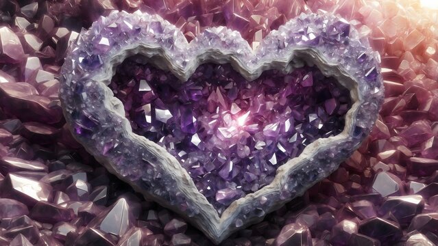 A heart-shaped geode filled with shimmering purple amethyst crystals, surrounded by loose amethyst stones. The inner crystals glow with a soft, ethereal light, creating a mesmerizing effect