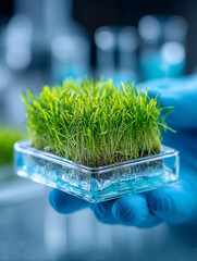 Dłoń w niebieskiej rękawiczce trzyma szklaną szalkę z gęstą, zieloną rzeżuchą lub trawą w laboratorium. Profesjonalna uprawa hydroponiczna i badania roślin.