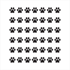 Fototapeta premium Simple repeating pattern of animal paw prints arranged in neat rows on isolated white background.