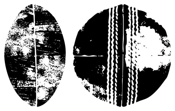 Bold black stencil rugby & cricket balls (&ldquo;footy&rdquo;/&ldquo;leather&rdquo;) gritty, halftone inspired, vintage locker room vibe. Perfect for edgy sports branding, apparel, posters.