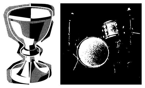 Victory cup with halftone texture &ldquo;champ&rsquo;s mug&rdquo; or &ldquo;winners&rsquo; bowl&rdquo; beside snare and cymbal (&ldquo;skins&rdquo; or &ldquo;thunderbox&rdquo;). Gritty, vintage print style evokes retro sports posters and band merch in punc