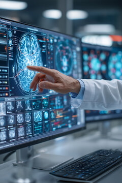 Lekarz wskazuje na zaawansowany skan m&oacute;zgu wyświetlany na dużym monitorze w laboratorium. Ekran prezentuje szczeg&oacute;łowe dane neurologiczne i medyczne analizy.