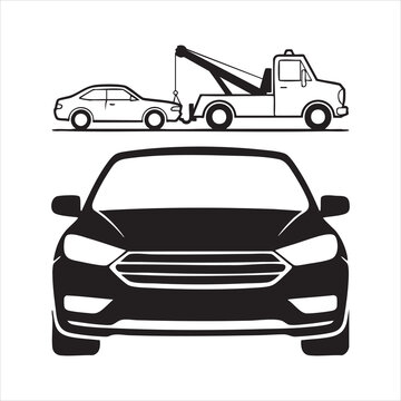 Modern car front view silhouette and tow truck pulling broken down sedan for recovery assistance.