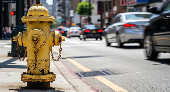 Weathered yellow fire hydrant on a busy city street, symbolizing urban infrastructure and resilience