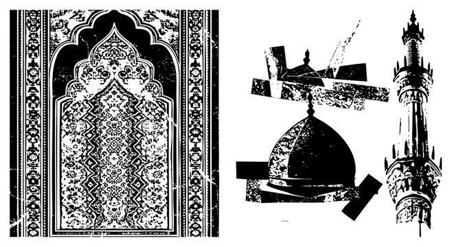 Bold black and white prayer niche (mihrab/qibla) with arabesque guides worship towering minaret (muezzin tower) calls to prayer with timeless grace.