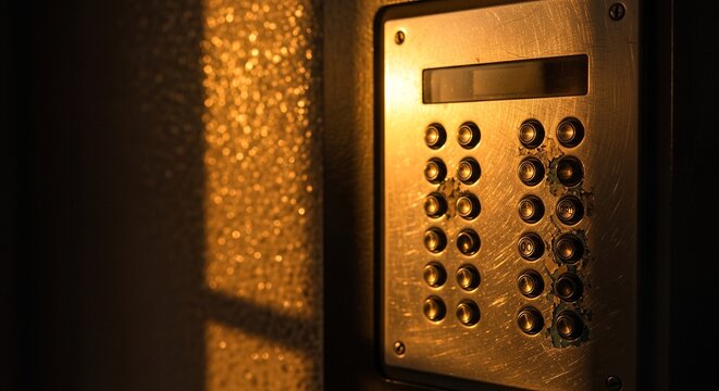 Worn Apartment Intercom Panel with Scratched Buttons in Warm Golden Hour Light