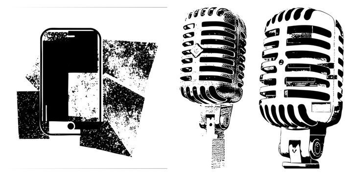 Classic broadcast mic vintage vox box modern phone in gritty halftone retro tech/podcast art. Grainy evokes radio nostalgia, sharp for digital.