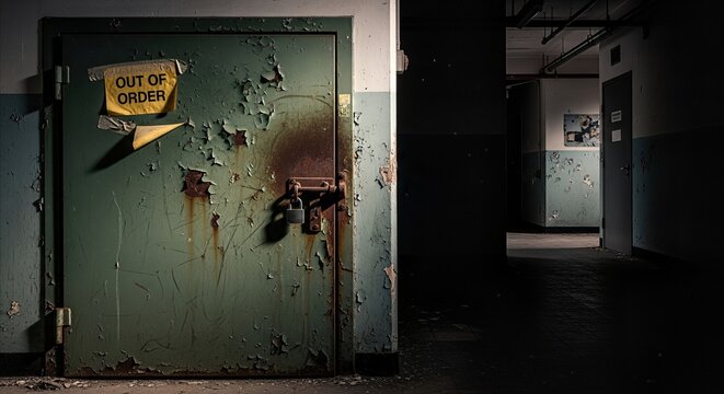 Locked metal garbage chute door with peeling 'Out of Order' notice in decaying industrial corridor