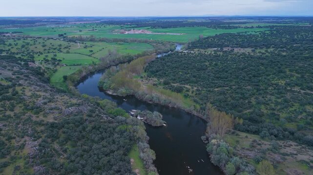 Aerial view from a drone of the Tormes River near Ba&ntilde;os de Ledesma in the Tierra de Ledesma region of the Province of Salamanca, Castile and Le&oacute;n, Spain, Europe