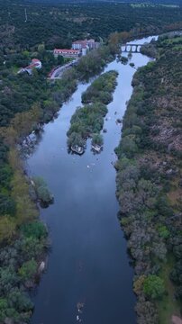 Aerial view from a drone of the Tormes River near Ba&ntilde;os de Ledesma in the Tierra de Ledesma region of the Province of Salamanca, Castile and Le&oacute;n, Spain, Europe