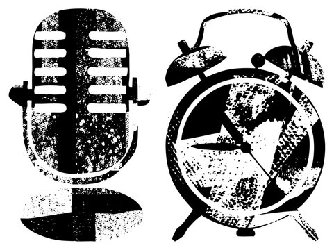 Classic mic & wake up bell in gritty B&W, great for podcast/radio art. &ldquo;Mike&rdquo; &ldquo;wakey wakey&rdquo; evoke retro vibe with halftone decay, bold ideal for indie or nostalgia branding.