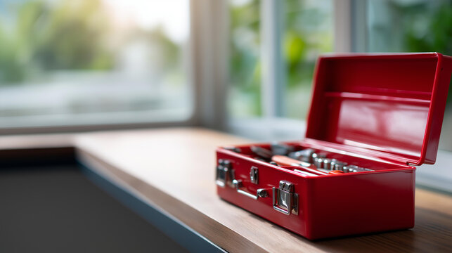 Open red toolbox with organized tools on a wood surface near a bright window in a clean workshop setting. Defocused background. Red toolbox wood, tools window, clean workshop,
