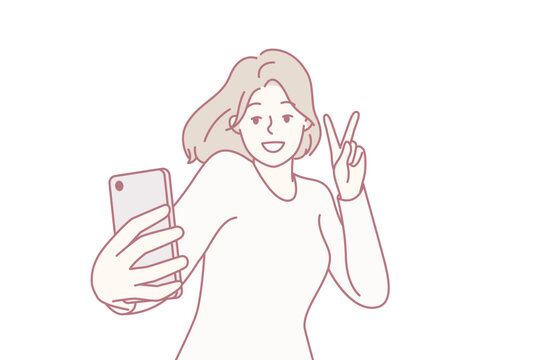 Happy woman blogger taking selfie on mobile phone to post photos on own page in social network. Cheerful girl with smartphone takes picture of herself showing letter V with fingers. Flat vector image