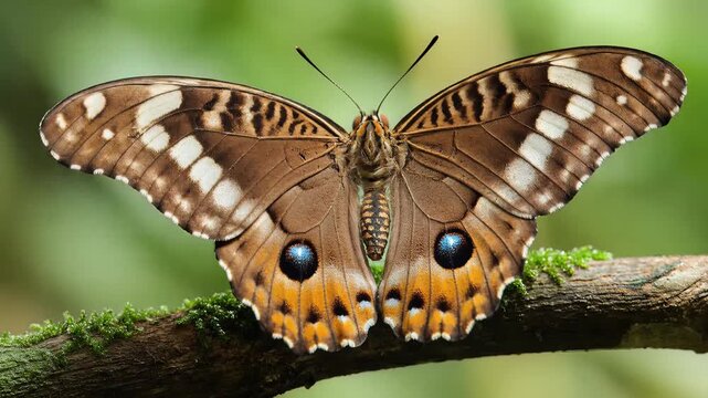 Beautiful Butterfly Resting on a Mossy Branch in a Lush Forest.