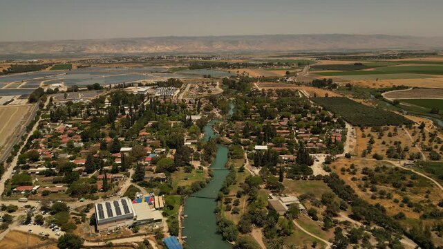 Aerial View of Nir David Kibbutz and Turquoise Water Canals Israel