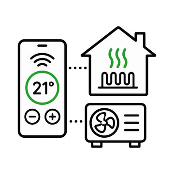 Smart home heat pump control icon with smartphone and heating system