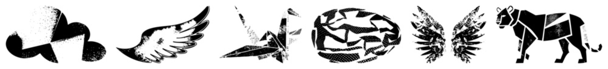 Obraz premium Gritty stencil art sharp bird wings, cloud shapes, prowling. “Skid lid” for geometric forms, “” for the cat. Edgy branding or urban posters with vintage halftone flair.