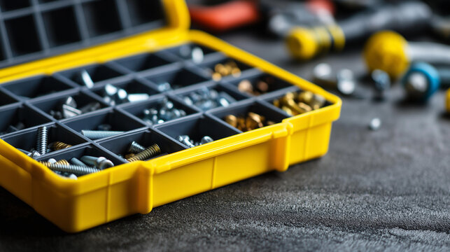 Yellow case with small construction objects on a grey background with many storage compartments filled with screws, nuts, bolts, nails, and other tools in a workshop. Yellow case