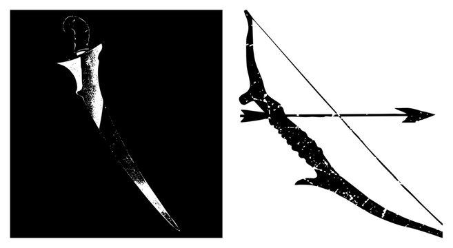 Weathered kris blade gleams beside a drawn longbow called badek or warbow/yumi steeped in folklore, its halftone texture evoking ancient warfare. Ideal for branding or warrior apparel.