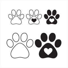Fototapeta premium Dog paw prints variety set vector icons with heart symbol outline and solid animal footprint art.