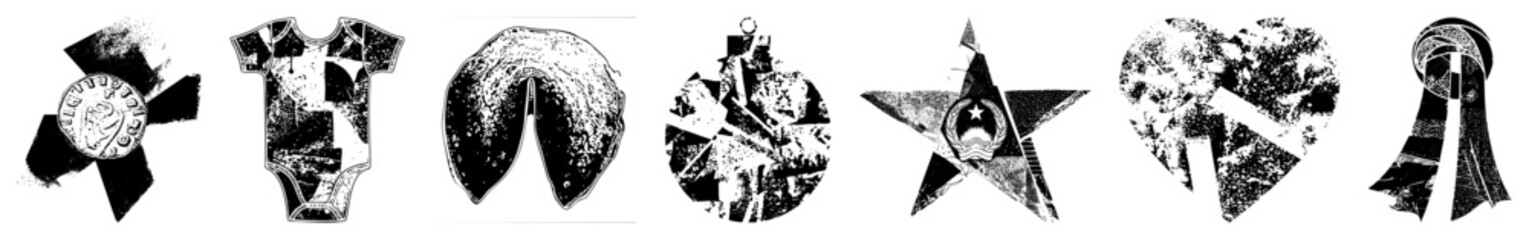 Obraz premium Raw edged symbols (onesie, fortune cookie, star badge) street slang “grit ” or “dust graphics.” Ideal for punk zines, indie merch, urban branding rough texture bold shape.