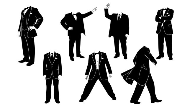 Headless Men in Tuxedos Silhouettes, Formal Wear Poses Set