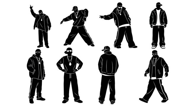 Hip hop dancers silhouettes collection in streetwear isolated on white