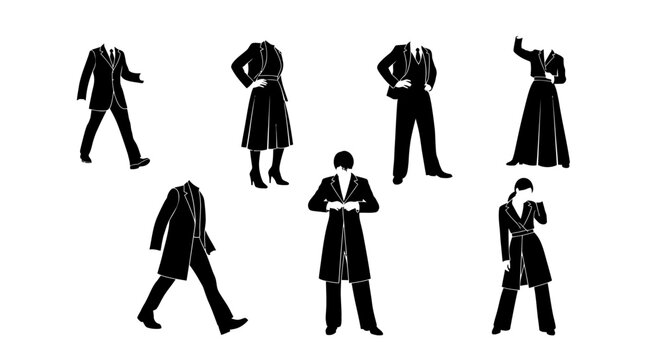 Headless fashion silhouettes of men and women in formal coats and suits