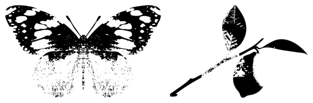 Bold butterfly &ldquo;flutterby&rdquo; or &ldquo;flitter&rdquo; perched near a leafy twig in gritty halftone. Evokes vintage nature prints with stark contrast, textured edges. Ideal for edgy branding or appa