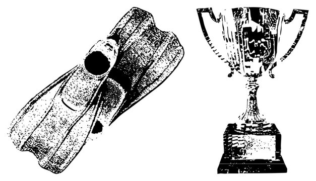 Gritty halftone trophy race car combo &ldquo;cup&rdquo; or &ldquo;champ bowl&rdquo; with &ldquo;hot rod&rdquo; or &ldquo;speedster.&rdquo; Bold, retro flair for posters, branding, apparel.