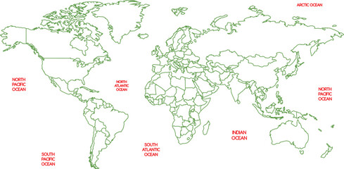 Fototapeta premium Green Outline World Map with Country Borders and Major Cities