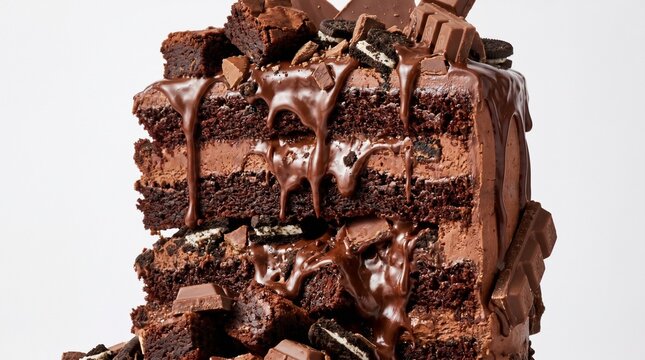 Overloaded chocolate cake slice with exploding layers, Isolated on White background.