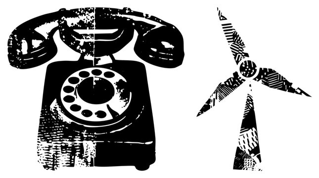 Classic dial phone modern windmill in bold &ldquo;rotary rig&rdquo; or &ldquo;wind spinner&rdquo; vibe. Grunge textures, halftones add street art edge. Ideal for edgy branding/posters.