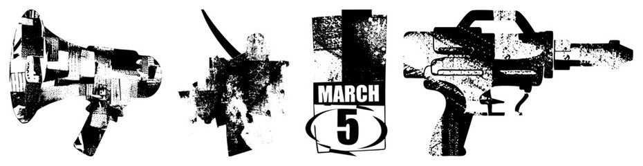Obraz premium Loudspeaker, megaphone, or holler horn with gritty texture beside sword, 5 badge, and pistol all in raw stencil style for protest posters or streetwear. Cutout symbols exude attitude, whether