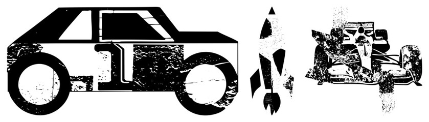Fototapeta premium Gritty hot rod zooms beside a booster and “brain bucket” helmet. Raw, distressed style screams speed, rebellion, vintage garage vibe ideal for edgy motorsport branding or merch.