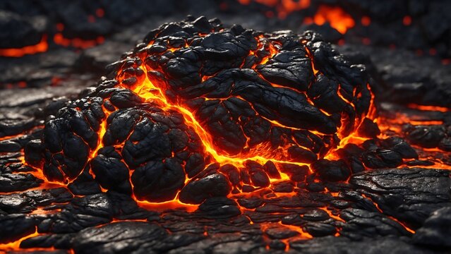 Molten magma flowing over dark volcanic rock, glowing with intense heat. The textured surface suggests a dangerous and powerful natural phenomenon