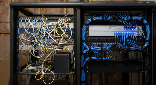 Comparison of messy and organized network server rack cable management showing professional IT infrastructure versus chaotic wiring.