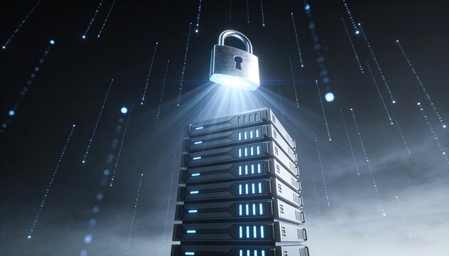Radiant padlock hovering at the peak of a towering server stack emitting downward light beams, floating ascending data stream particles, minimalist clean 3D low-angle render, dark dramatic futuristic 