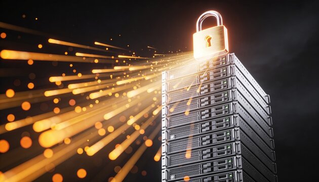Minimalist 3D low-angle render of a towering server stack with a radiant padlock hovering at its peak emitting downward light beams, floating ascending data stream particles, dark dramatic futuristic 
