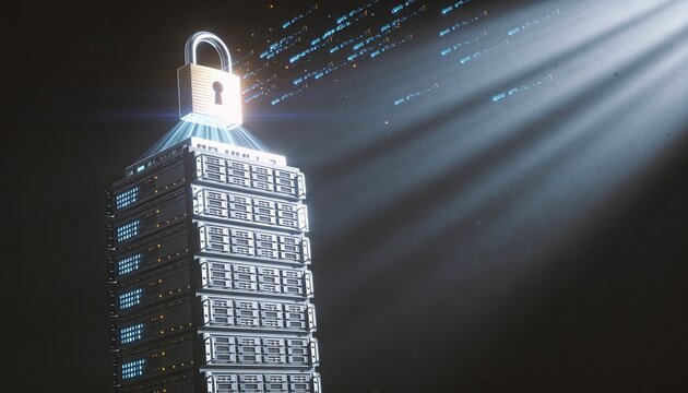 Radiant padlock hovering at the peak of a towering server stack emitting downward light beams, floating ascending data stream particles, minimalist clean 3D low-angle render, dark dramatic futuristic 